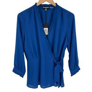 Karl Lagerfeld Paris Blue Floral Ruffle Peplum Wrap Top Women Small NWT